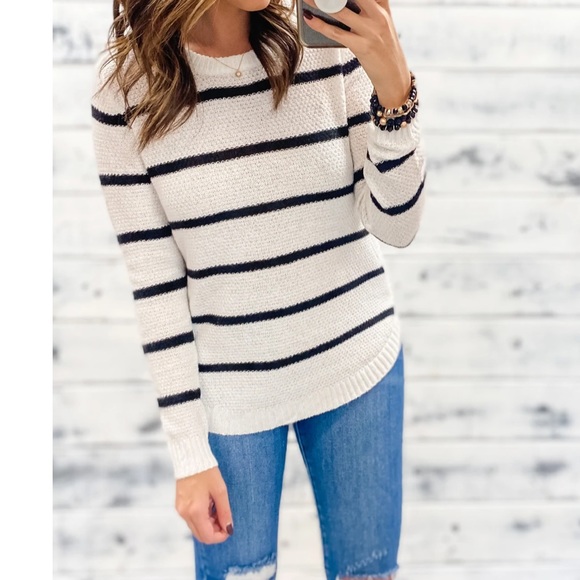 Staccato Sweaters - White & Black striped round hem sweater